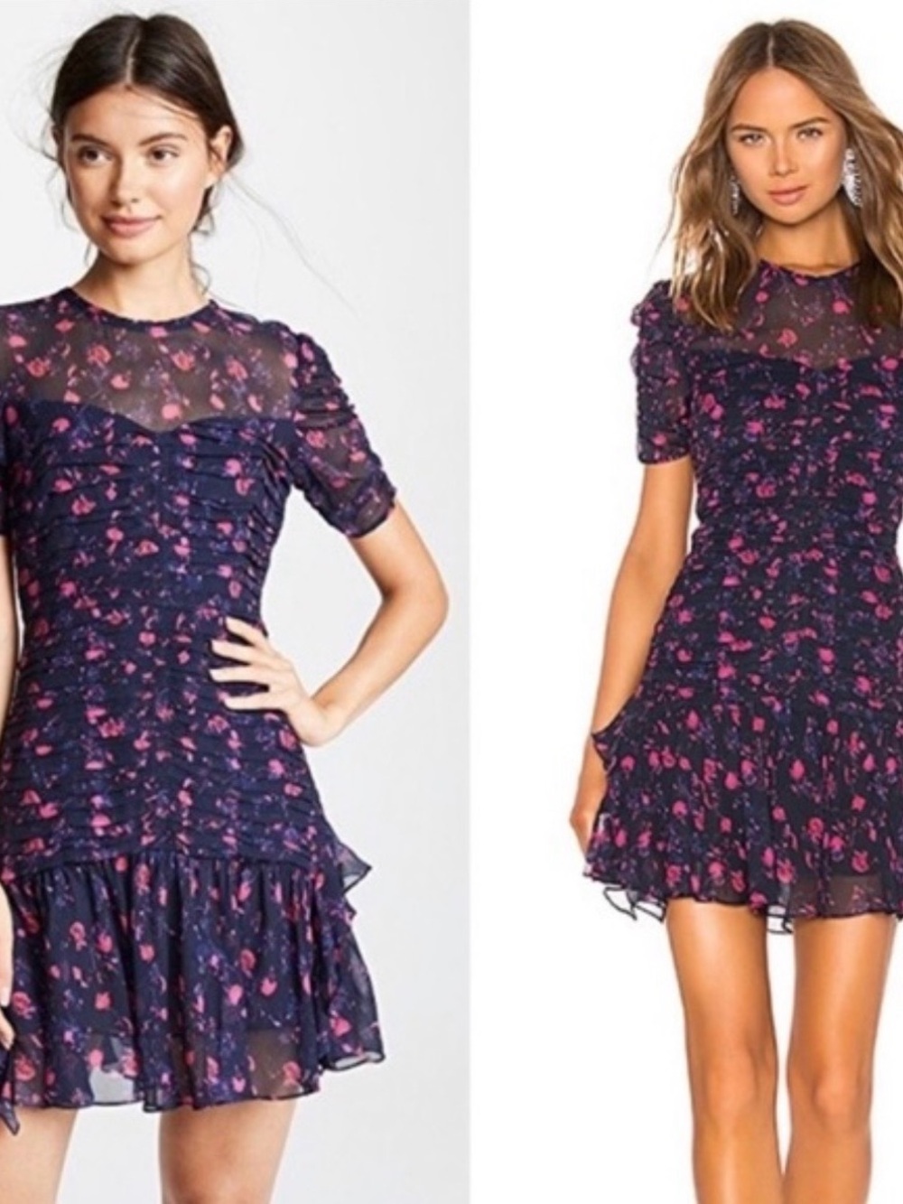 Tanya Taylor Navy Pink Falling Floral Carti Pleated Ruffle Silk Mini Dress Sz 2